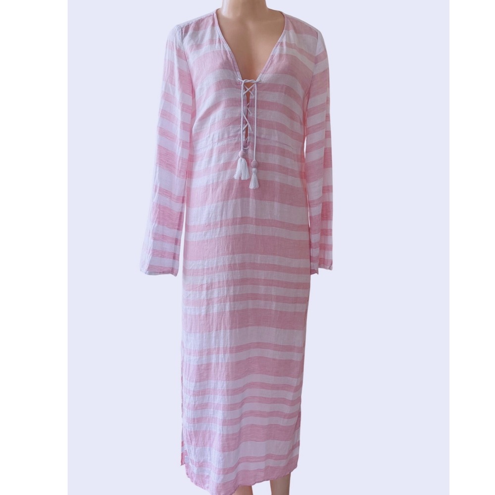 Saks Fifth Avenue S 100% Linen Pink White Stripe Maxi Caftan Beach Cover Up